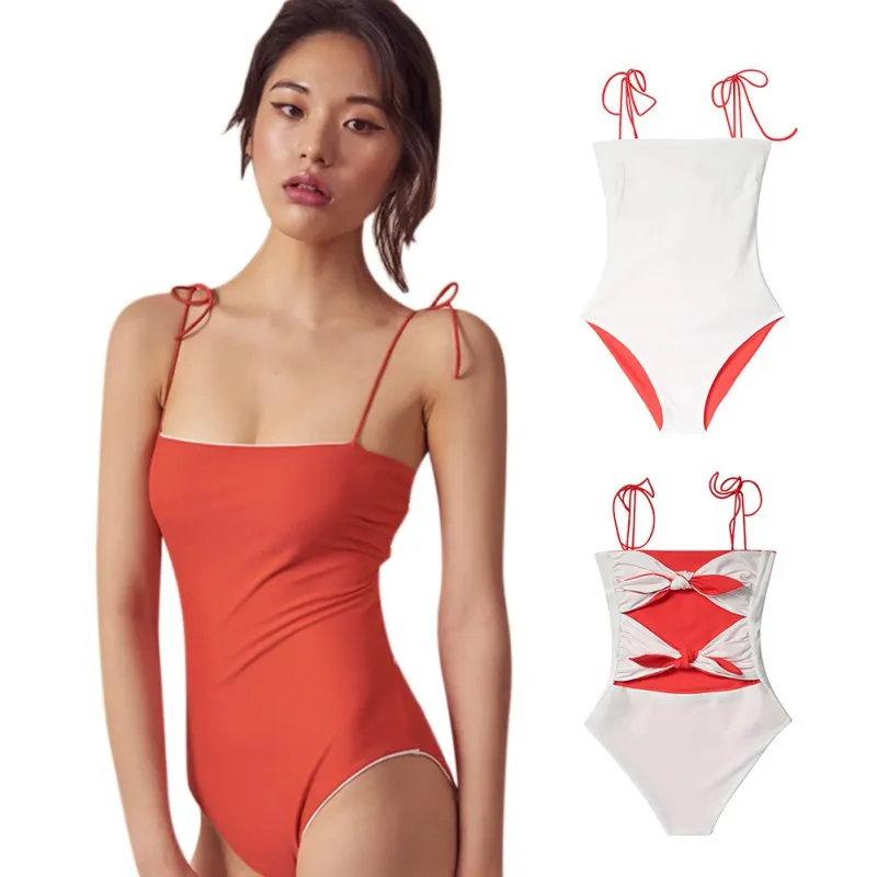 Women Sexy Slim Bow Sling Strap Triangle Bikini Summer Open back Gathered High Waist Double-faced Wear Swimsuit | Спорт и