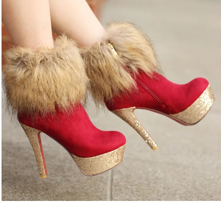 New Fur ankle boots fashion single winter women's shoes high heel women wedding new arrival plus size 32-42 | Обувь