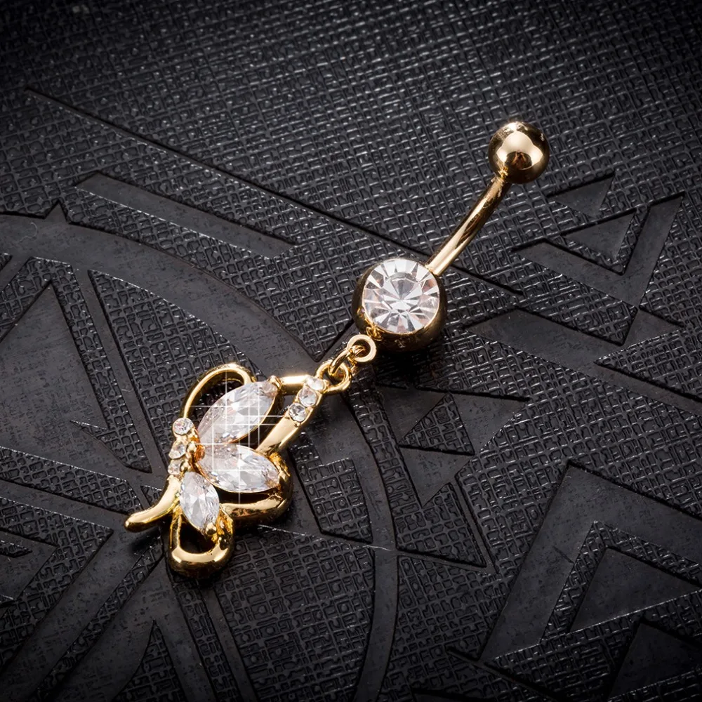 Cute butterfly Zircon chain gold color Navel Piercing Rings Belly Button Rings Surgical Steel Rhinestone Body Jewelry