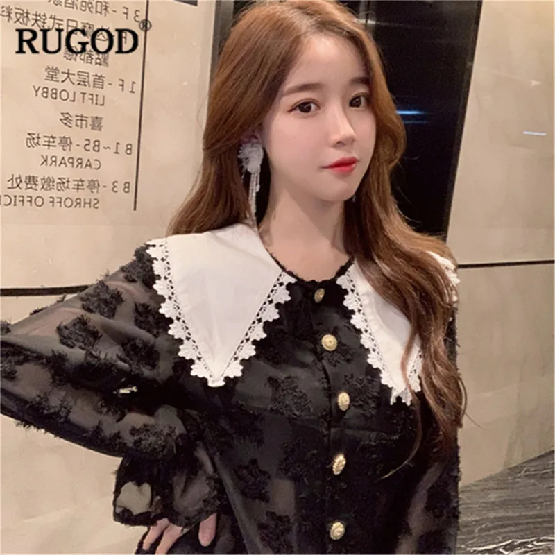 Женские кружевные блузки RUGOD корейские с расклешенным рукавом и отложным