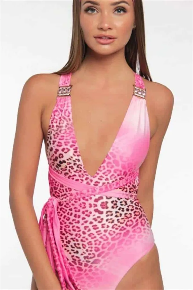 Сексуальный розовый Леопардовый купальник Женский бандажный Монокини пуш ап 2021