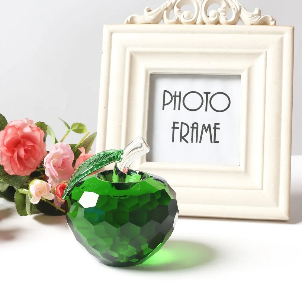 

3D GREEN Crystal Faced Apple Figurines Ornament Glass Fruit Paperweight Christmas Gift For Men&Women,Office Home Decor (40MM#)