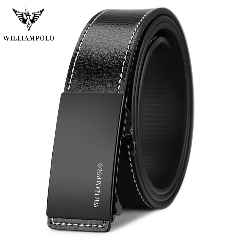 WILLIAMPOLO Brand Business Man Belt Luxury Brand Metal Buckle Strap Male Long  Belt 2019 Cowskin Real Leather Automatic Belt