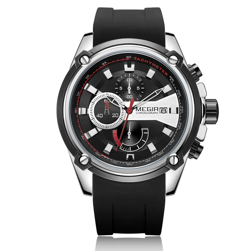 silver Relogio masculino MEGIR мужские часы Топ бренд класса люкс Хронограф водонепроницаемые спортивные мужские часы резиновые военные армейские наручные часы 2086 - Цвет: silver