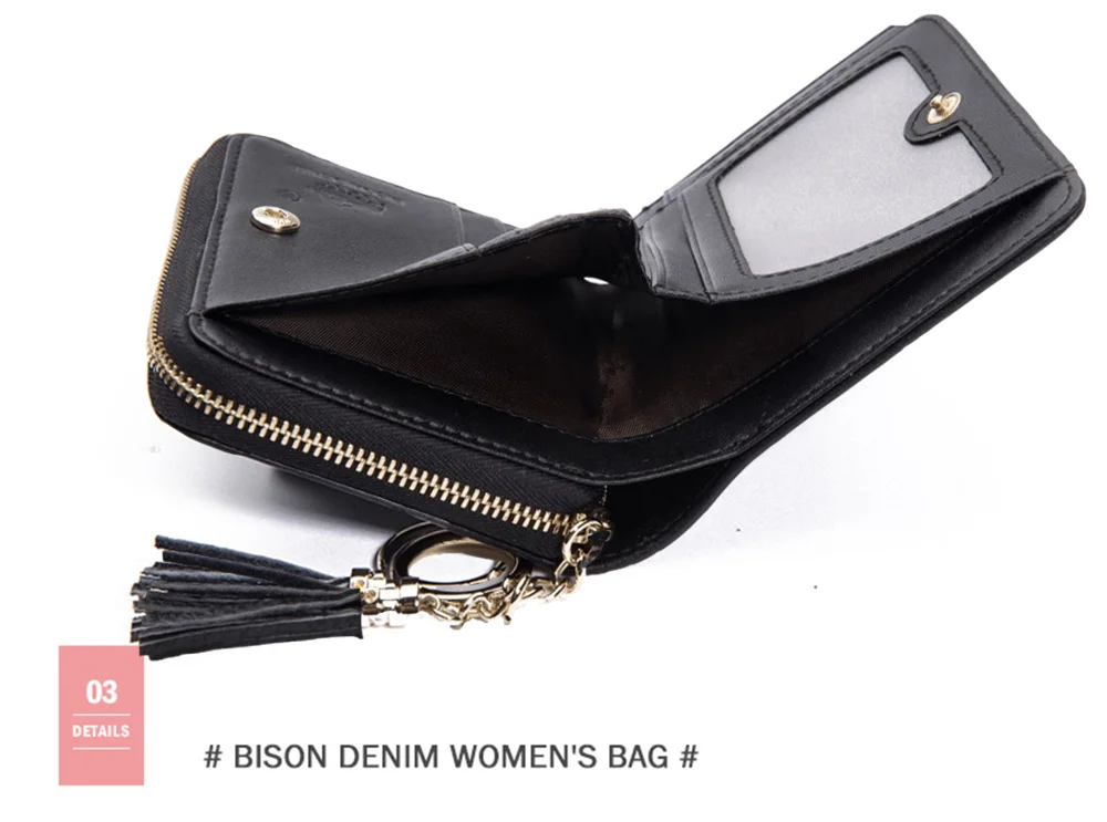 Женский мини-кошелек BISON DENIM из натуральной кожи, повседневная индивидуальная застежка, два сложения, Большой Вместительный женский кошелек для путешествий B3277