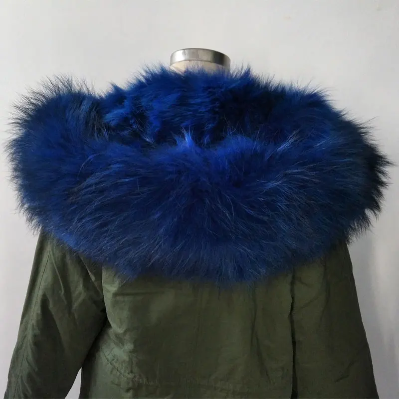 Женская меховая куртка Mrs синяя длинная парка с большим капюшоном из меха енота и