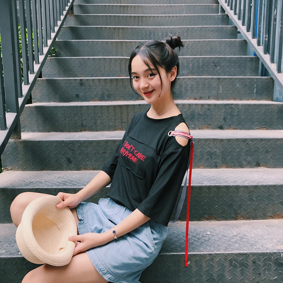 Harajuku летняя футболка с открытыми плечами Женская Повседневная в Корейском стиле