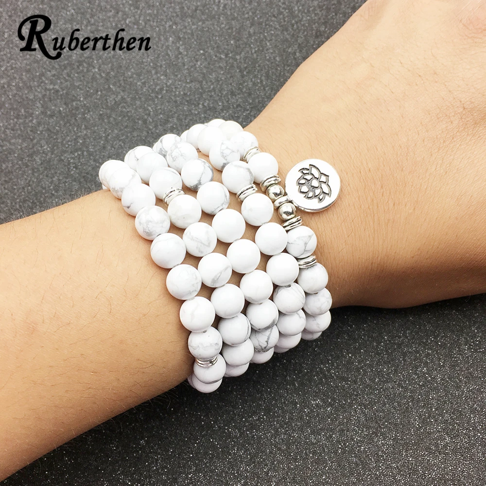 Женский браслет Ruberthen модный 108 Mala Howlite с цветком лотоса или колье высокое