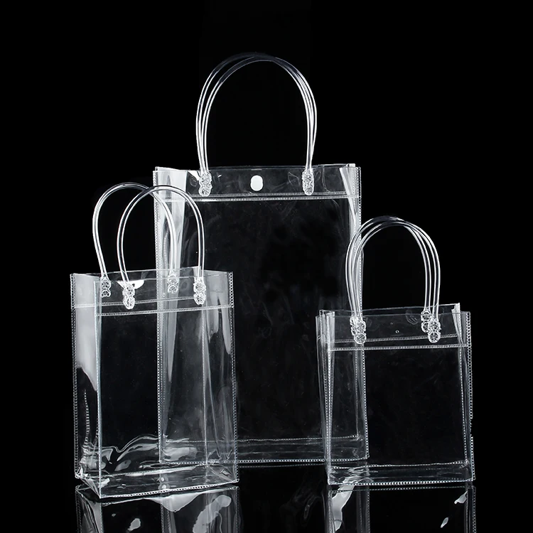 

Express Free 100PCS/LOT PVC Plastic Gift Bags With Handles Clear Plastic Handbag Party Favors Bag Fashion PP Bags With Button
