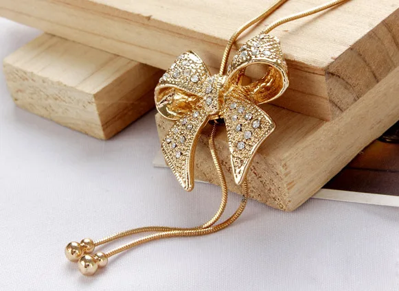 1PCS Rhinestone insert Bow Tie Pendant Necklaces 3CM*2.8CM Sweater Necklacer Women Jewelry F240 | Украшения и аксессуары