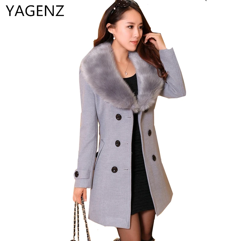 

YAGENZ Woolen Winter Coat Women Clothing 2021 New Fashion Slim Fur Collar Female Jacket Matching Belt Double Breasted Matching