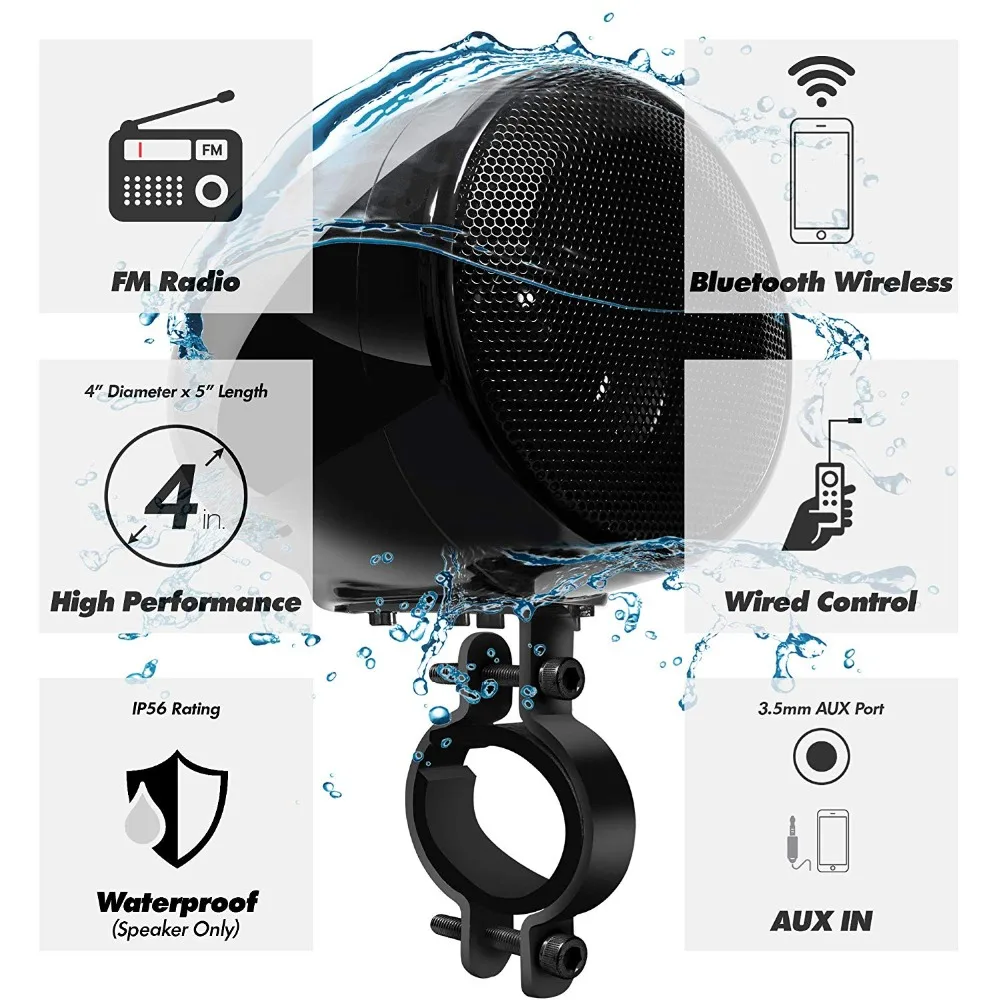 Aileap M150 мотоцикл аудио набор с стерео 2ch усилитель, 4 дюймовые водонепроницаемые колонки, Bluetooth, fm-радио, AUX MP3(черный