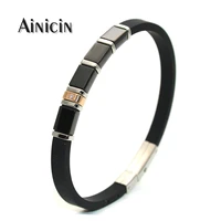 fashion mens black rubber bracelets 6mm wide adjustable bangles stainless steel zircon cz setting women gift jewelry