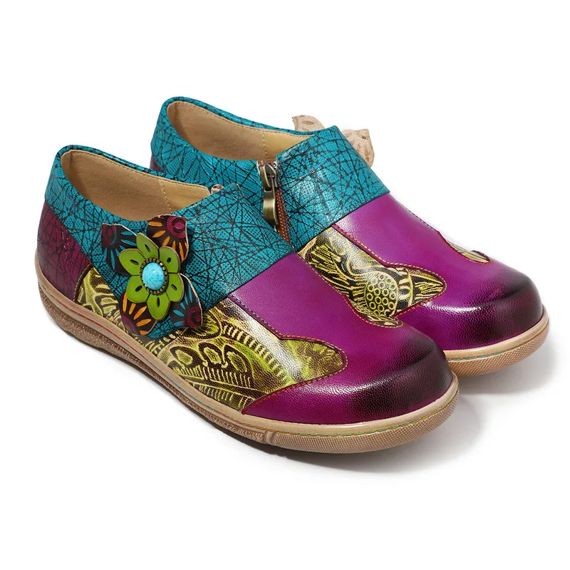 

Retro Genuine Leather Splicing Flats Shoes Women Zipper Casual Loafers Soft Sole Sports Shoes Woman Vintage Flower Flats