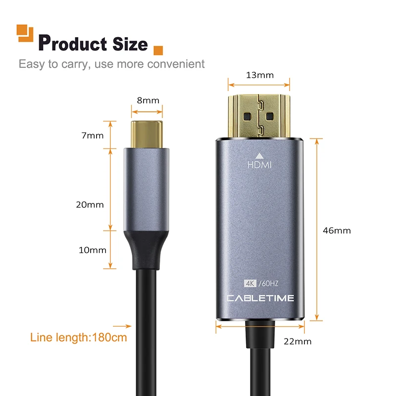 Кабель переходник CABLETIME с USB C на HDMI Type M/M 4K 60 Гц конвертер 1 8 м для MacBook Samsung Galaxy S8 +
