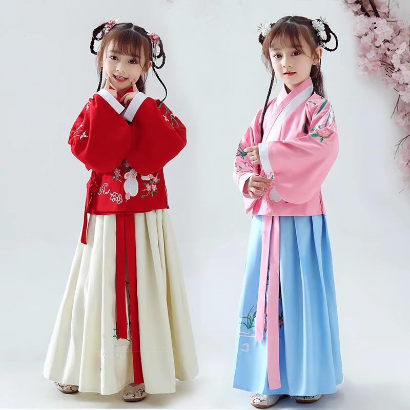 Hanfu костюмы для девочек в китайском стиле костюм Тан Китайская древняя и традиционная одежда народное танцевальное платье DQL570