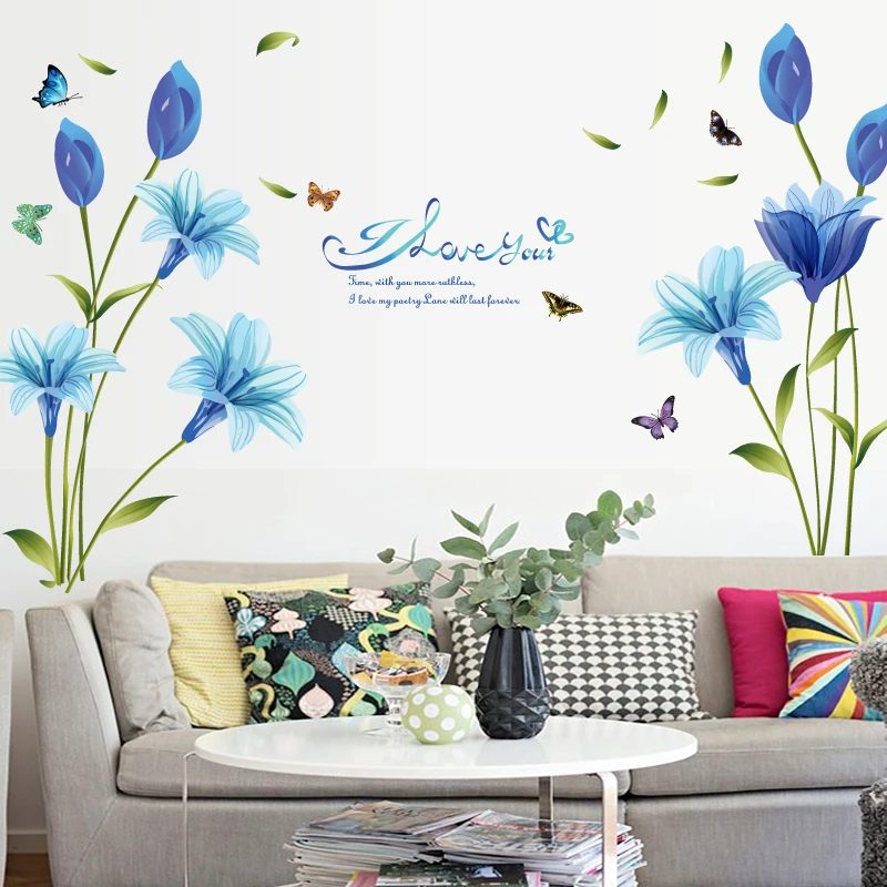 [Fundecoration] синие лилии наклейки на стену домашний Декор Гостиная Спальня Окно