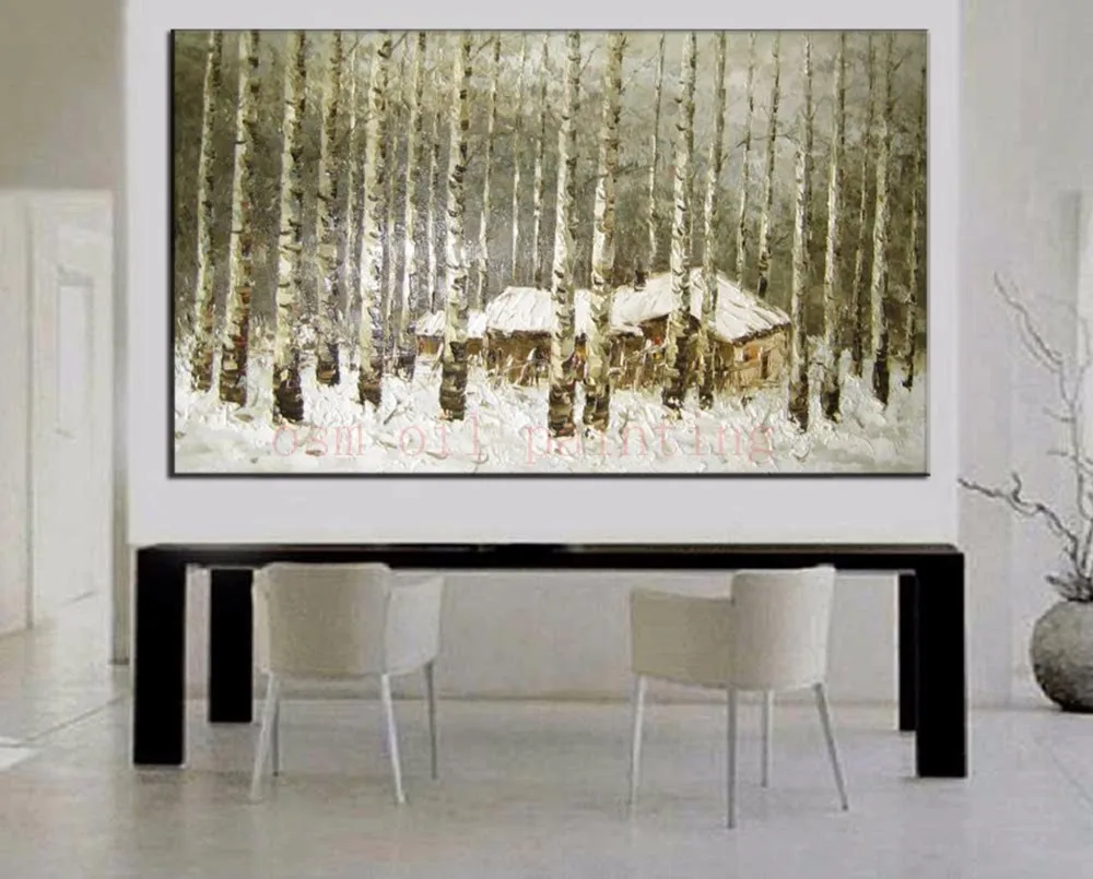 

Handmade Wall Art White Birch Forest Oil Painting on Canvas Living Room Decor Hand Painted Modern Moscow Winter Landscape Paints