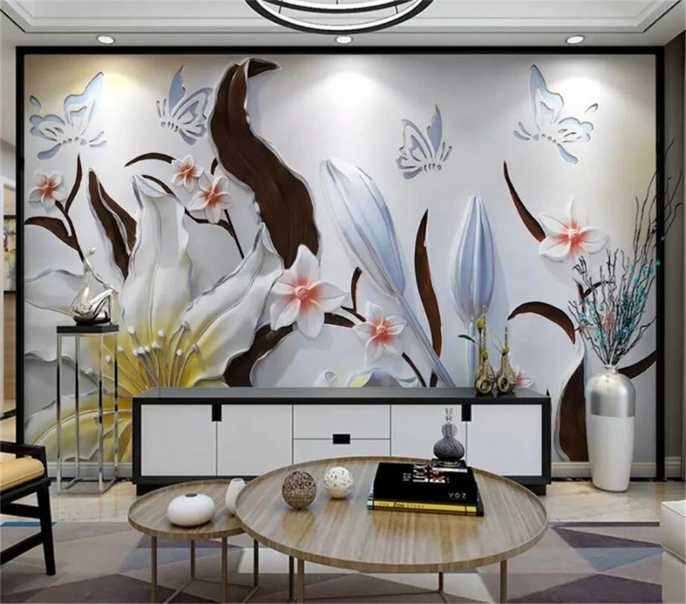 Decorative wallpaper Relief lily butterfly flower 3d background wall | Обустройство дома