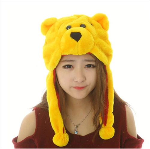 yellow bear Промо-акция! Новая зимняя шапка с рисунком животных из мультфильма, пушистая плюшевая шапка унисекс, лучшая новинка, подарок для мальчика, девочки, друга с ушками - Цвет: yellow bear