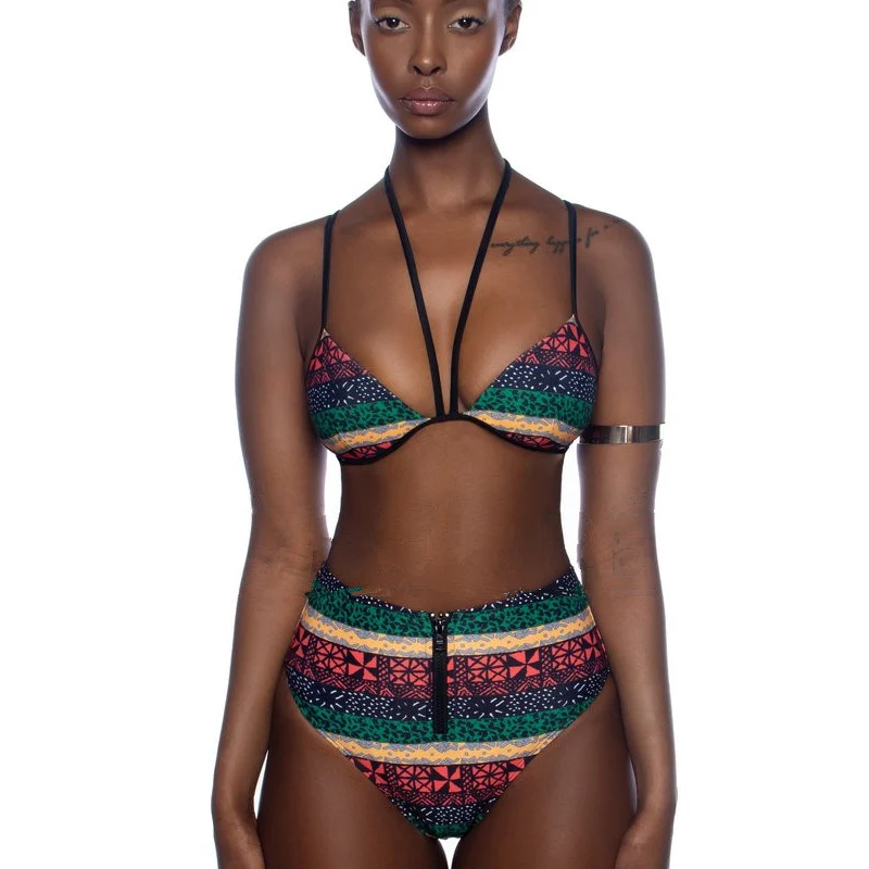 Женский купальник с чашками пуш ап и завышенной талией в африканском