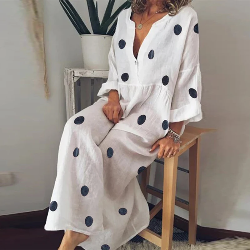 Women Polka Dot Summer Casual Loose Long Sleeve Bohemian Maxi Dress Sexy V Neck Boho Beach Dresses Vintage Vestidos Plus Size | Женская