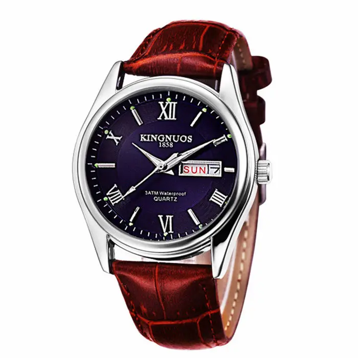 leather brown blue Relogio Masculino, люксовый бренд, нержавеющая сталь, аналоговый дисплей, дата, неделя, водонепроницаемые мужские кварцевые часы, деловые мужские наручные часы - Цвет: leather brown blue