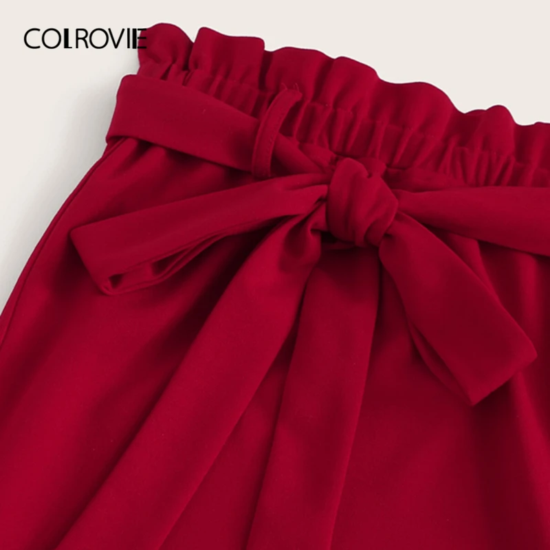 COLROVIE красная Однотонная юбка-карандаш с разрезом, элегантная женская юбка с поясом, весна, высокая талия, жабо, миди юбки, офисные женские юбки
