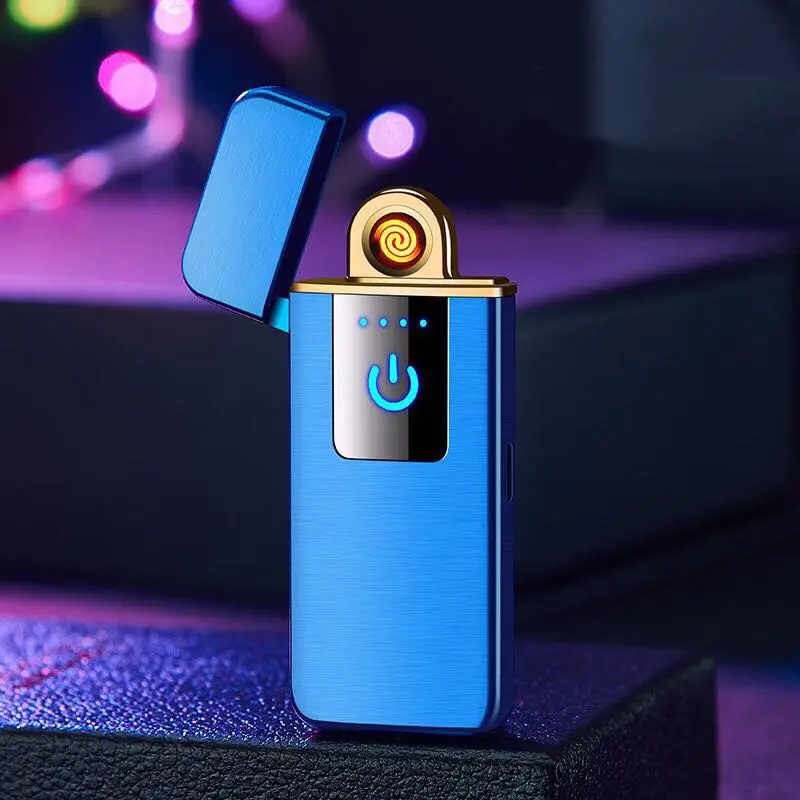Blue Электронная usb-зажигалка для курения с сенсорным экраном и отпечатком пальца, плазменная зажигалка, Электрический подарок, аксессуары для сигарет - Цвет: Blue