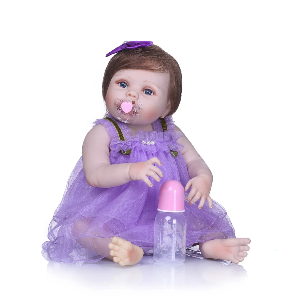 

NPK 22" 55cm reborn dolls full silicone vinyl baby dolls bebe princess reborn bonecas nice purple dress doll gift