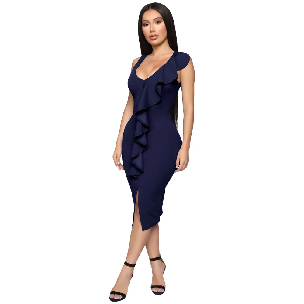 

Echoine Women Sexy O Neck Ruffles Tank Front Split Bodycon Elegant Dress Summer Black/Army Green Sleeveless Midi Office Dresses