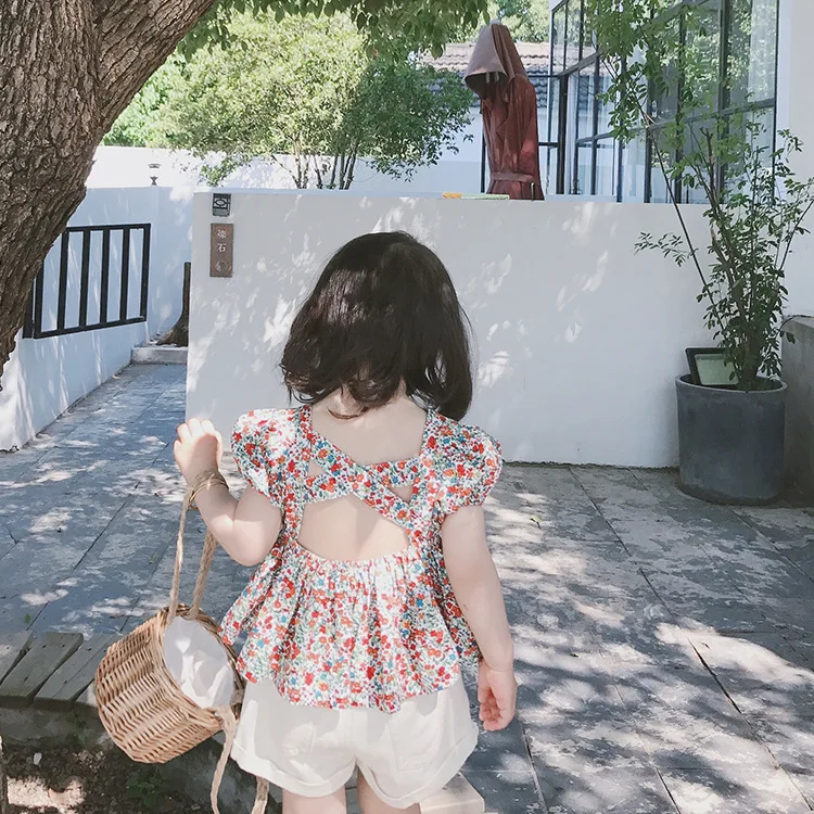 2019 Милая модная одежда для девочек с цветочным рисунком коротким рукавом вырезом