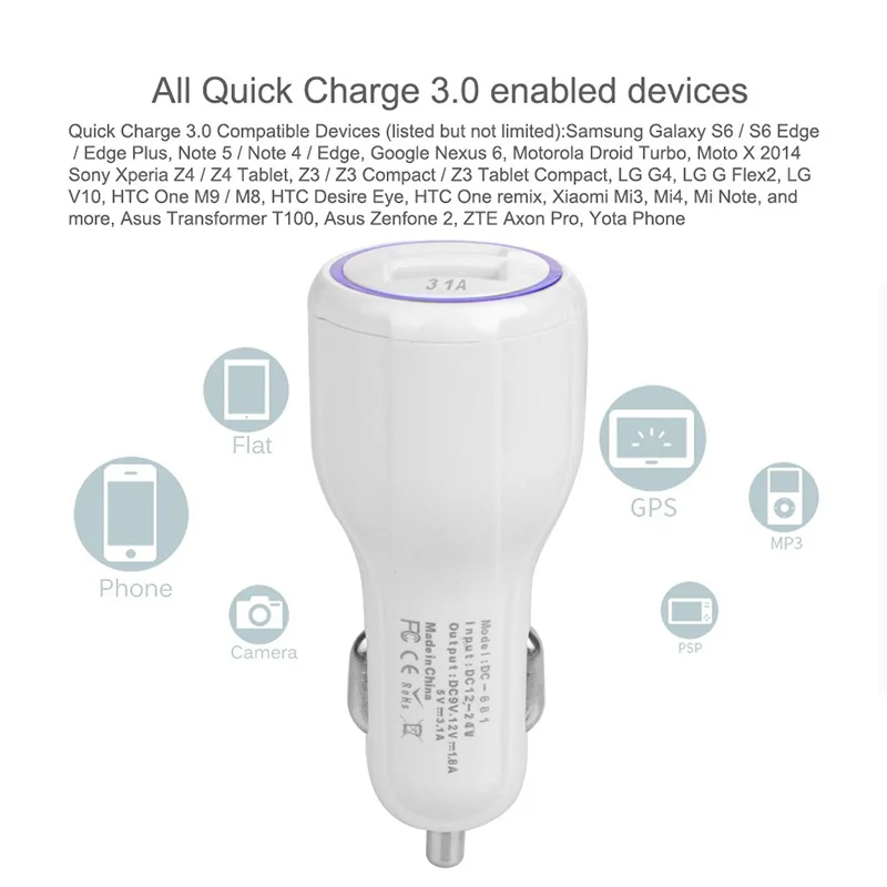 30 Вт макс QC3.0 QC2.0 dual USB быстрой автомобильное зарядное устройство для телефонов
