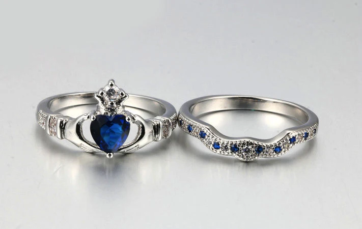 Холдинг Создан Blue Crystal любовь Сердце Цирконий Корона Обручальное Кольцо Наборы Серебристый Цвет Синий Кристалл ZYR616