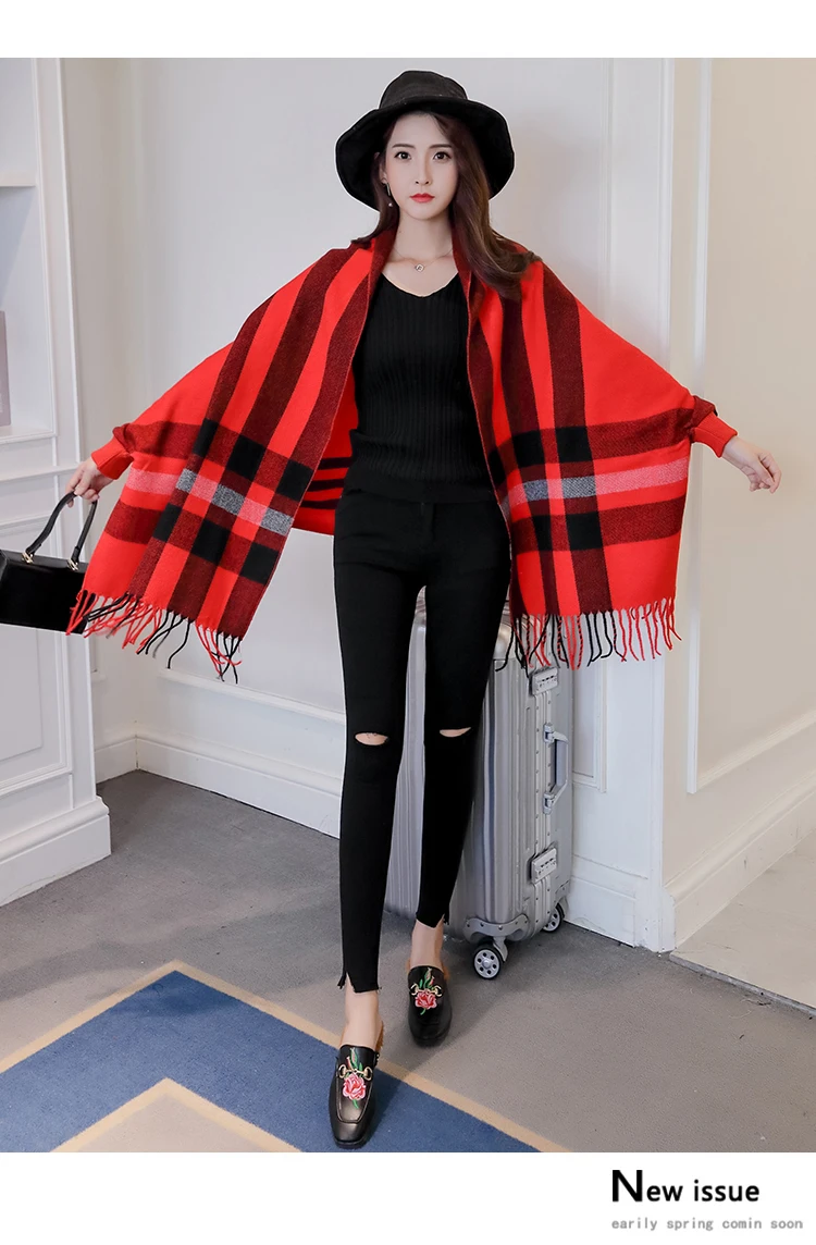 Batwing sleeve Checkered Hippie Fringe Tassel Woven Poncho Cardigans Womens Ladies Fall Winter Plaid knitted sweater Cloak shawl |