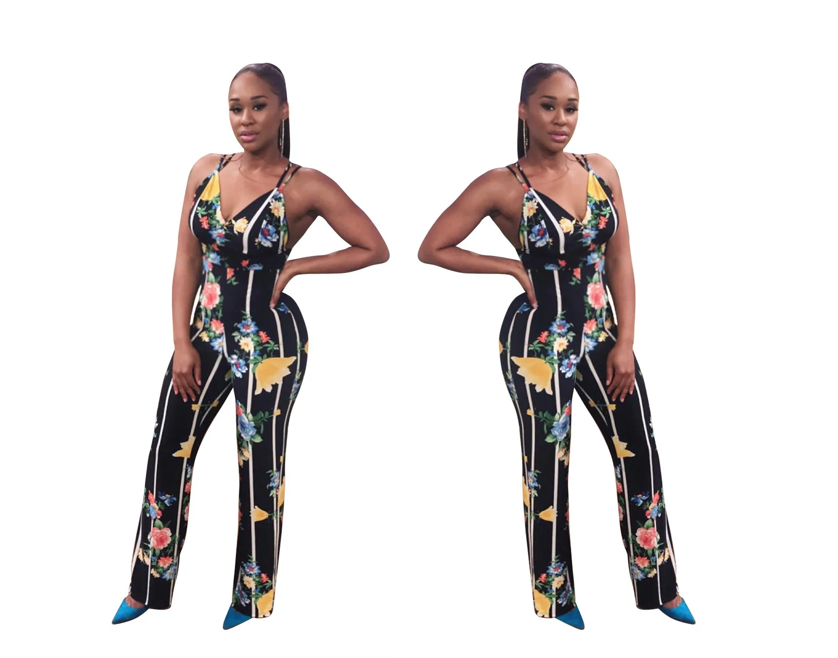 2019 European and American fashion new printed casual street style trend sexy V jumpsuit | Тематическая одежда и униформа
