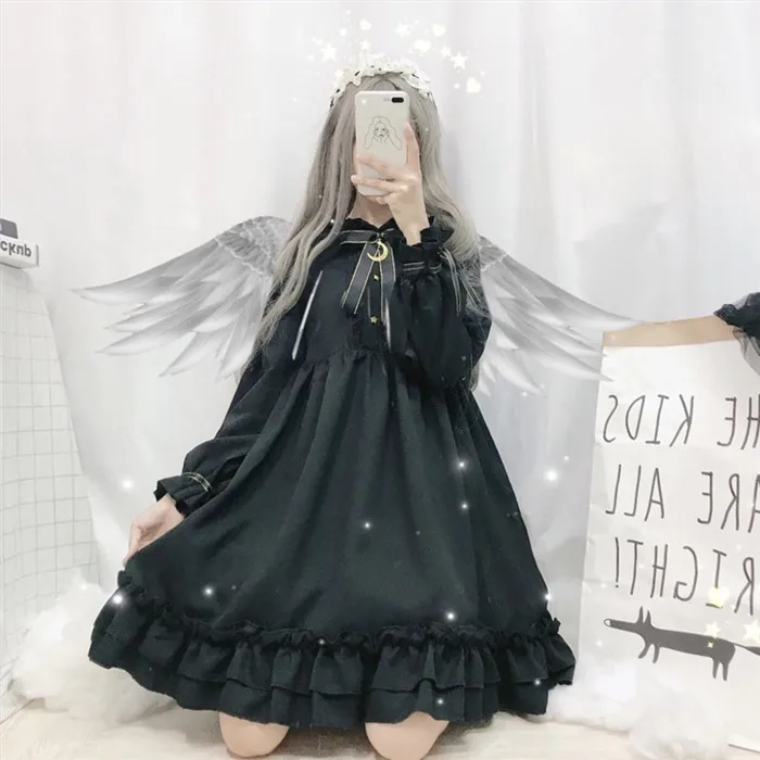 Летнее черное платье в стиле Лолиты для женщин; Kawaii; милый костюм для косплея с бантом и высокой талией; длинное платье с оборками с коротким рукавом