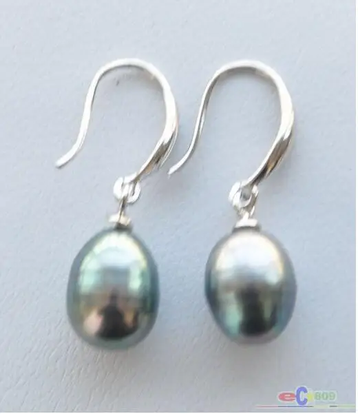 

Free shipping wholesale A++ lustre 8x11MM BLACK RICE FRESHWATER PEARL EARRING