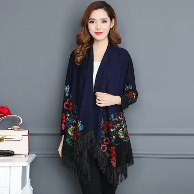 Navy blue Длинные женские кардиганы размера плюс 5XL, весна-осень, элегантная верхняя одежда с длинным рукавом и кисточками, новое повседневное свободное винтажное пальто с принтом - Цвет: Navy blue