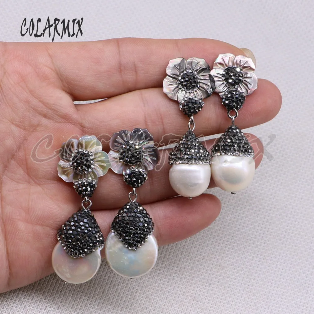 Natural pearls earrings pave rhinestone flower shell fashion jewelry wholesale Jewelry gift for lady 4459 | Украшения и