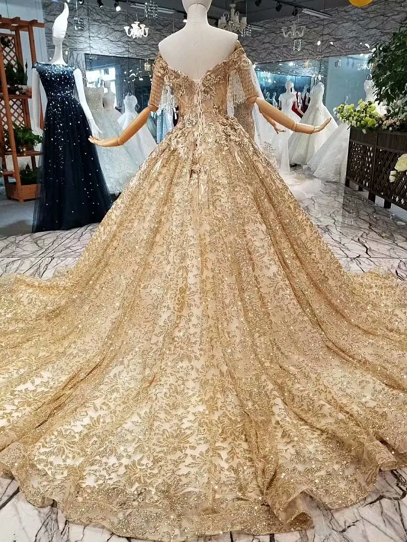LS65885 Роскошные Дубай вечернее платье с открытыми плечами Милая Золотой кружево