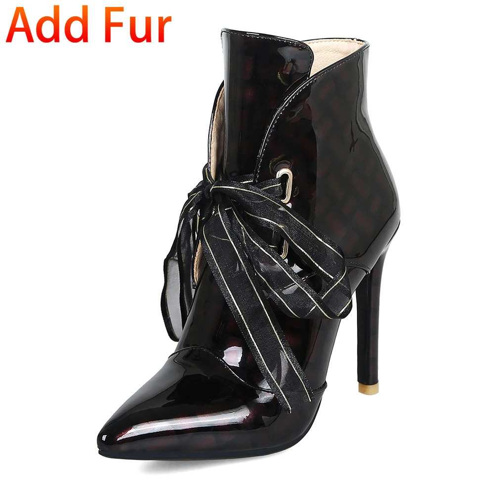 black with fur DoraTasia/модные женские ботильоны с острым носком, на шнуровке, из лакированной искусственной кожи, на высоком каблуке, осенне-зимняя обувь, женская обувь, большие размеры 32-47 - Цвет: black with fur