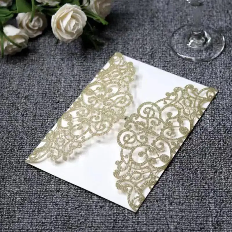 20pcs/lot Glitter Paper Wedding invitations Silver Gold Laser Cut Invitation Card with Blank inner card Universal Cards | Дом и сад