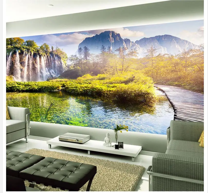 Индивидуальные обои для стен, лесной водопад, деревянный фон для  телевизора, настенная фотография, фотообои, украшение для дома | AliExpress