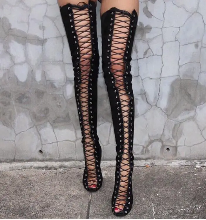 

Sexy Red Black High Heels Gladiator Shoes Woman Peep Toe Lace Up Thigh High Boots Summer Cut Outs Over The Knee Sandal Boots