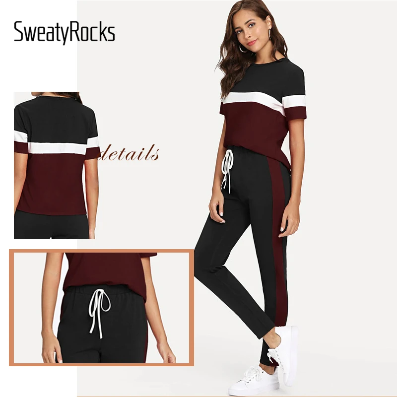 SweatyRocks, Женский комплект 2 шт., цветной блок, короткий рукав, футболка и штаны на завязках, набор,, спортивный костюм, женская одежда, два предмета
