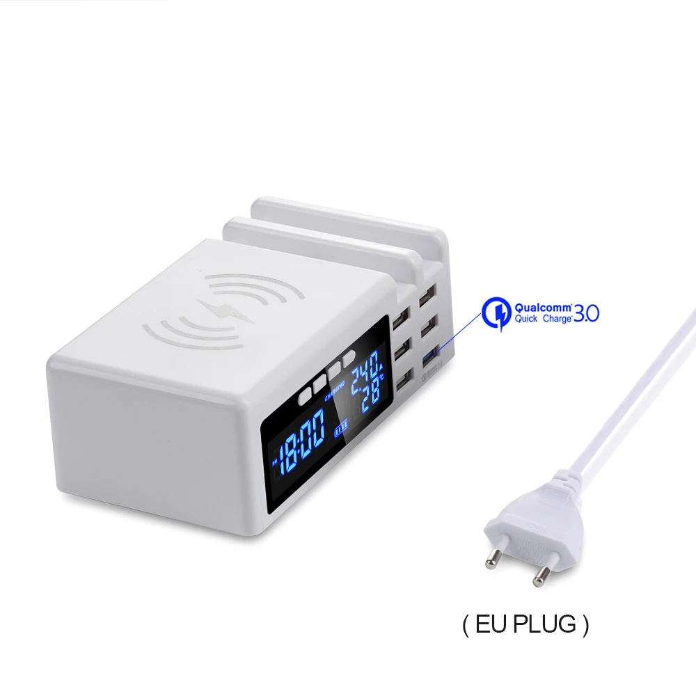 White EU PLUG SCOMAS 48 Вт 3 в 1 6 портов USB умная розетка мульти домашний дорожный настенный адаптер питания с ЖК QC3.0 Быстрая зарядка+ Беспроводное зарядное устройство - Тип штекера: White EU PLUG