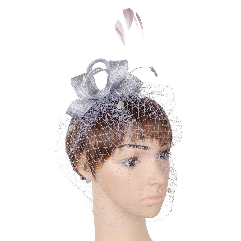 Серый JaneVini Винтаж золотые свадебные Шапки и Fascinators женские свадебные вечерние шляпа Перья для волос Pin чистая клетка покрывал Afrikaanse Hoed - Цвет: Серый
