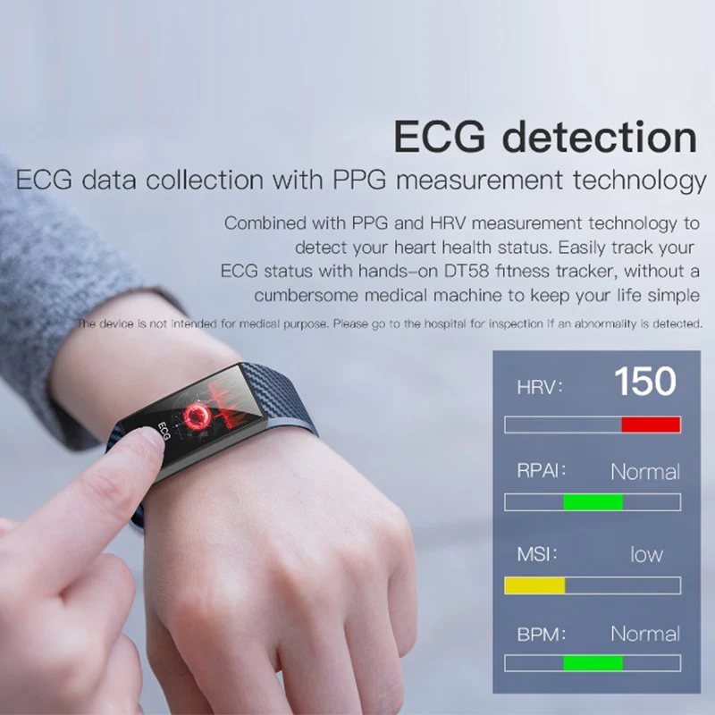 FocuSmart 2019 смарт-браслеты DT58 фитнес-трекер ЭКГ HRV пульсометр кровяное давление