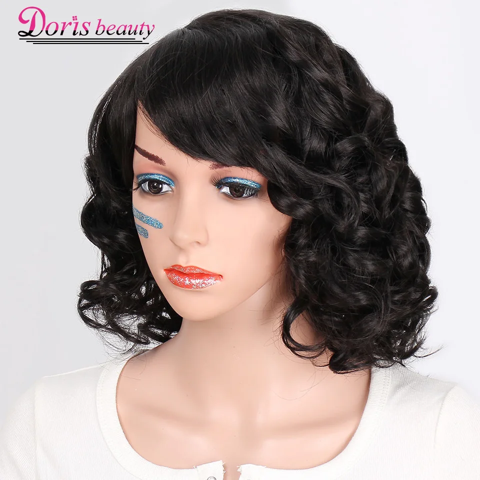 Doris Beauty черные синтетические короткие парики для женщин с челкой волнистый парик